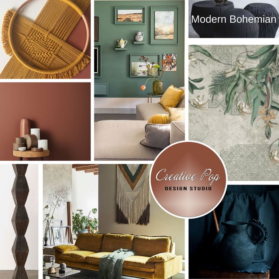 Mood board for the Modern Bohemian living room project